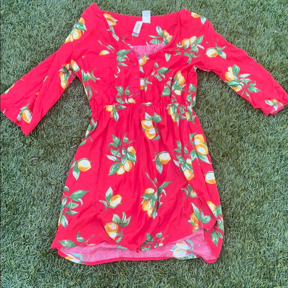Mimi chica red sun dress with lemons.
